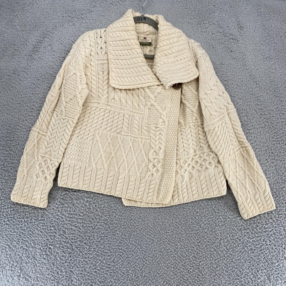 Carraig‎ Donn Aran Cardigan Sweater Womens Medium Ivory Merino Wool Made Ireland
